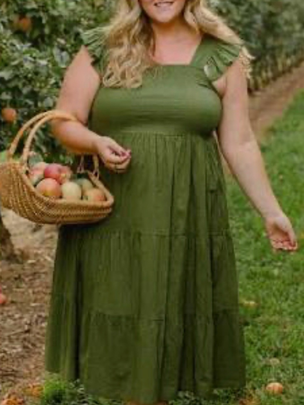 Olive Green Ruffled-Sleeve Cotton Midi Dress